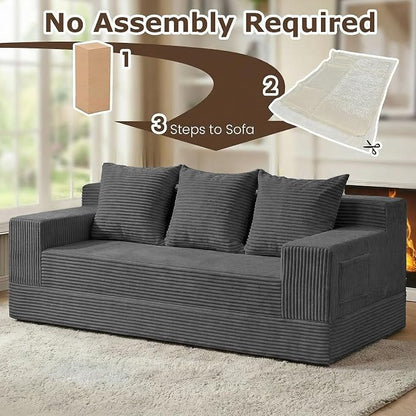 cidludto Convertible Sofa Bed, 78" Oversized Boneless Loveseat Couch 2 in 1 Foldable Futn Bed Couch in A Box, Folding Sofa Chair for Living Room, No Assembly Required, Grey