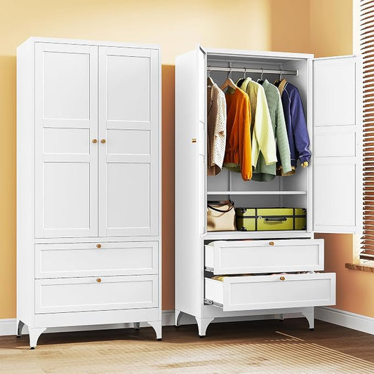 SISESOL Metal Wardrobe Cabinet with Drawer and Hanging Rod,Armoire Wardrobe Closet with Doors,White Metal Clothing Storage Cabinet with Adjustable Shelves,Armoire Storage Cabinets for Home,Bedroom