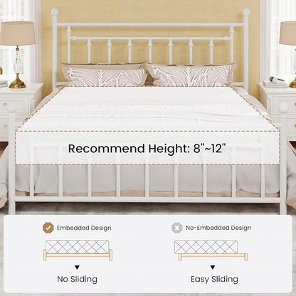 SHA CERLIN 14" King Size Metal Platform Bed Frame/Victorian Headboard and Footboard/Steel Slats Mattress Foundation for Storage/No Box Spring Needed/Noise Free/White