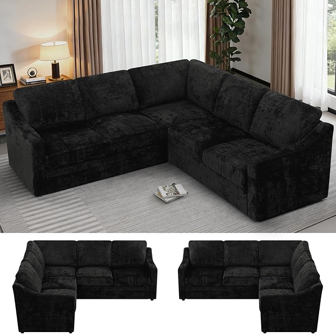 89" Chenille Sectional Sofa with High Density Sponge, Modern 5 Seats Corner Couch with Deep Seat, Comfy Modular L Shaped Couch with Comfortable Back Cushions for Living Room, Black