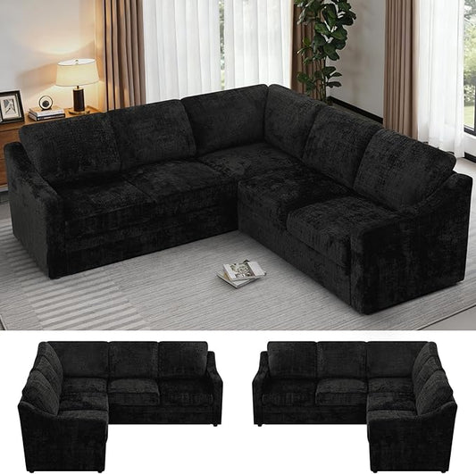 89" Chenille Sectional Sofa with High Density Sponge, Modern 5 Seats Corner Couch with Deep Seat, Comfy Modular L Shaped Couch with Comfortable Back Cushions for Living Room, Black