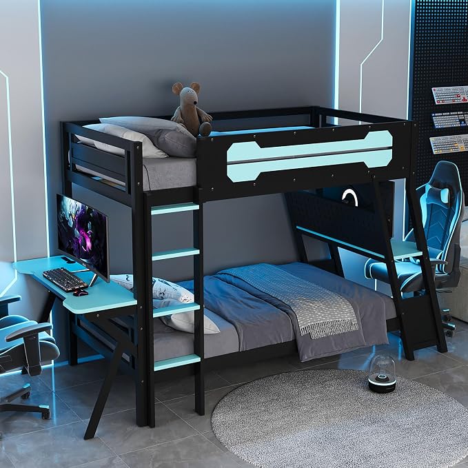 Merax Wooden Twin Over Twin Bunk Bed with 2 Side Desks, USB Desktop Ports and Pegboard Organizer, Gaming Bunk Bed for Gamer, Kids or Teens, No Box Spring Needed, Cloud Blue