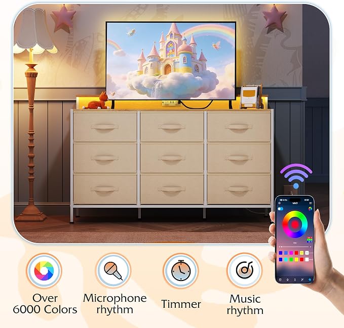 WLIVE Dresser TV Stand for 45, 50, 55 inch TV, Entertainment Center with LED Lights & Charging Station, Chest of Drawers with 9 Fabric Drawers for Living Room, Cream White