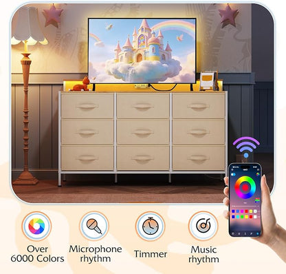 WLIVE Dresser TV Stand for 45, 50, 55 inch TV, Entertainment Center with LED Lights & Charging Station, Chest of Drawers with 9 Fabric Drawers for Living Room, Cream White