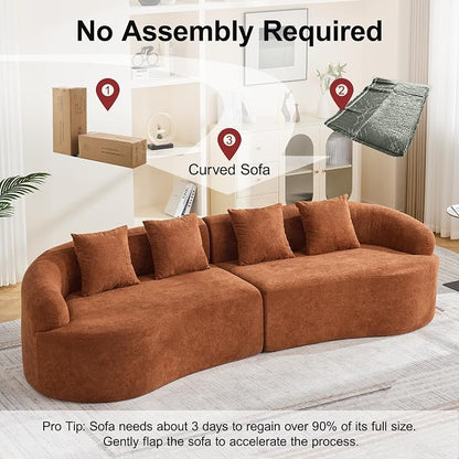 110.2" Curved Boneless Couch, Oversized Cloud Sofa with 4 Pillows, Modern 4 Seater Modular Sectional Sofa, Boneless Sectional Couches for Living Room, Curved Foam Couch, Orange