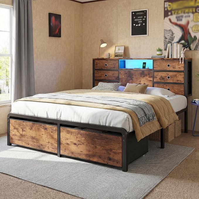 Homkdom Queen Size Bed Frame with 8 Fabric Drawers Storage, LED Lights & Charging Station, and Headboard Storage,Offering Noise-Free Support and Easy Assembly for Bedroom,Modern Brown