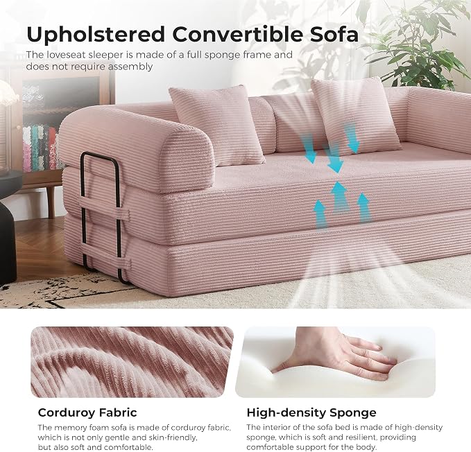 79" 5-in-1 Convertible Sofa Bed No Assembly, Boneless Couch Bed with High Density Foam, Foldable Sleeper Sofa, Corduroy Modular Couch for Apartment, Studio, Dorm Room, Small Space,Pink