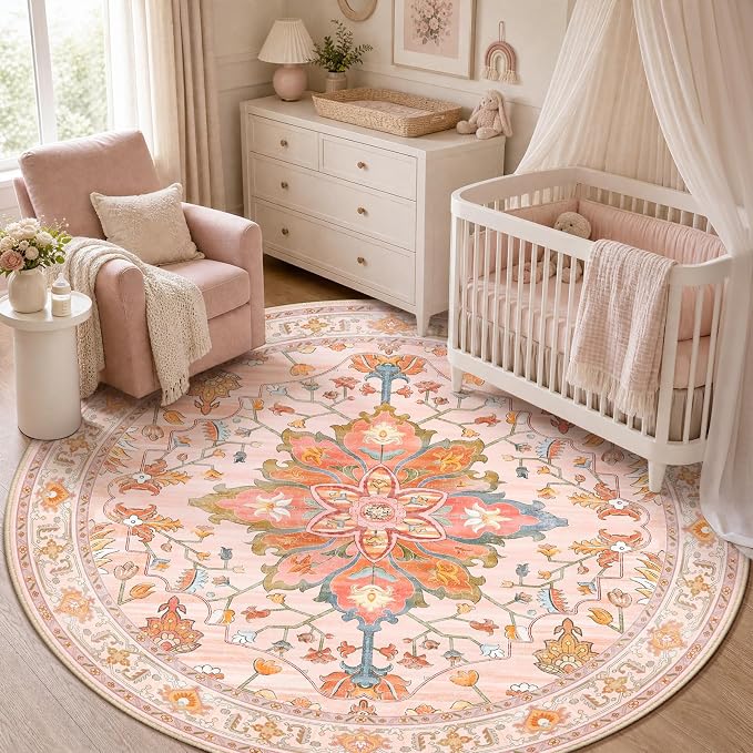 RELEANY Area Rugs Round 5ft Washable Non-Slip, Floral Vintage Distress Medallion Carpet for Living Room Bedroom Dining Room, Light Pink Colorful