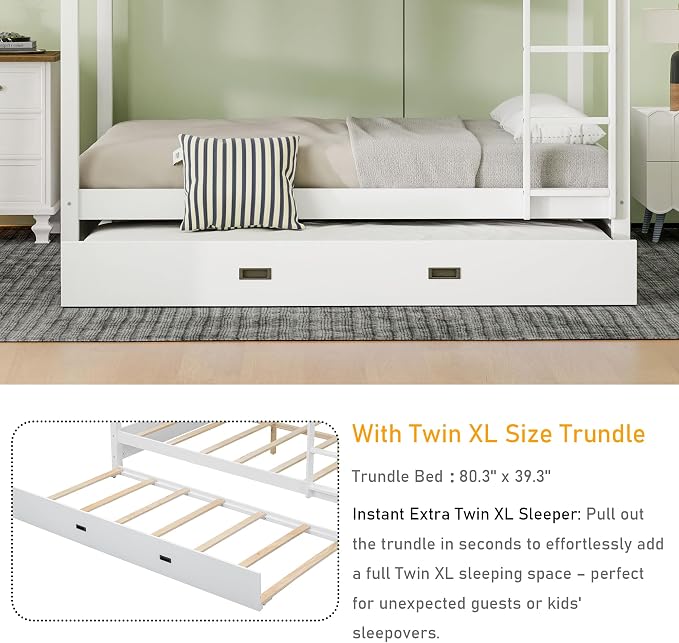 Merax Wood Queen Bunk Bed with Twin XL Trundle & Ladder - Space-Saving Design, Sturdy Frame & Guard Rails,White