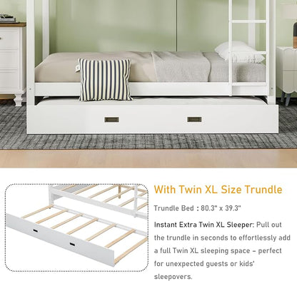 Merax Wood Queen Bunk Bed with Twin XL Trundle & Ladder - Space-Saving Design, Sturdy Frame & Guard Rails,White