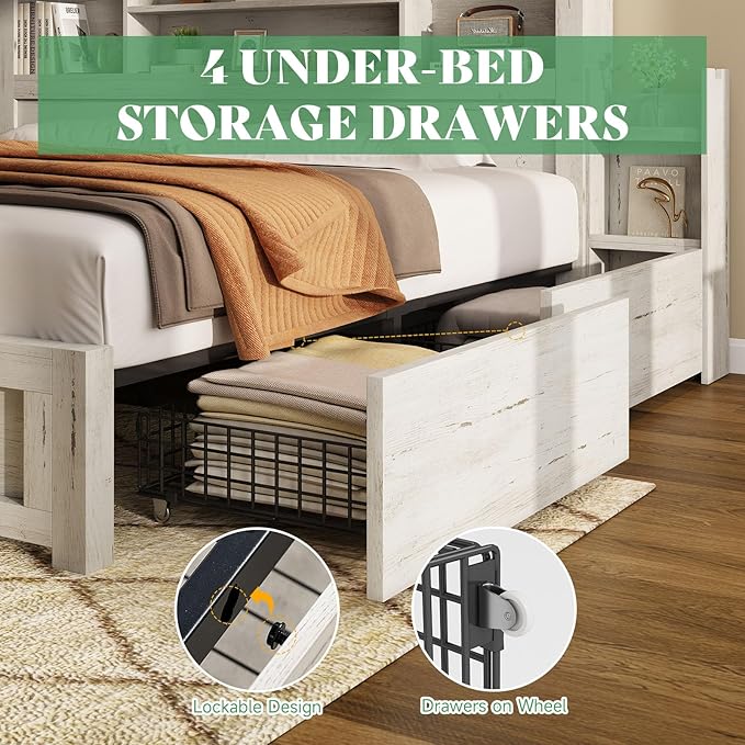 AMERLIFE King Bed Frame with 4 Storage Drawers, LED Bed Frame with 49.6" Tall Bookcase Headboard, Wood Platform Bed with 2 Slide Bedside Shelf & Charging Station, No Box Spring Needed/Distressed White