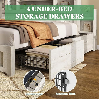 AMERLIFE King Bed Frame with 4 Storage Drawers, LED Bed Frame with 49.6" Tall Bookcase Headboard, Wood Platform Bed with 2 Slide Bedside Shelf & Charging Station, No Box Spring Needed/Distressed White