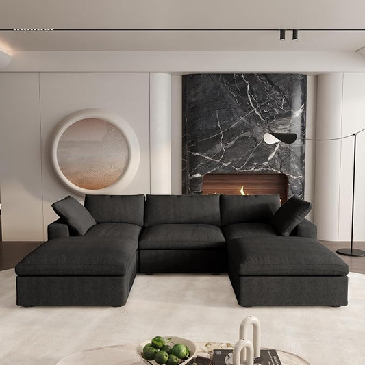 Cloud Modular Sectional Sofa Couch,120.45" U Shaped Convertible Couches with Storage Ottoman for Living Room,Minimalist Deep Sofa Couches,Sofa Covers Washable&Replaceable(Black)