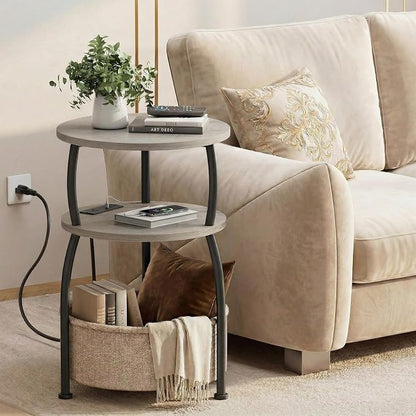 Round Side Table with Charging Station, USB Type C Port, Greige | End Table with Power Outlet and Basket, Space Saving, 3-Tier Nightstand, Corner Stand, for Living Room, Bedroom, Patio