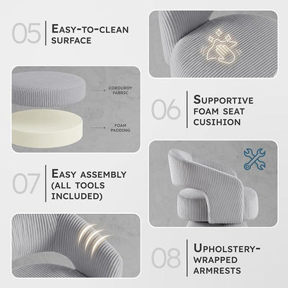 Lexicon 360 Degree Swivel Accent Chair, Modern Comfy Corduroy Round Barrel Chair, Open Back, Plush Foam Cushions, Metal Swivel Base for Living Room/Bedroom/Office/Small Spaces, Gray
