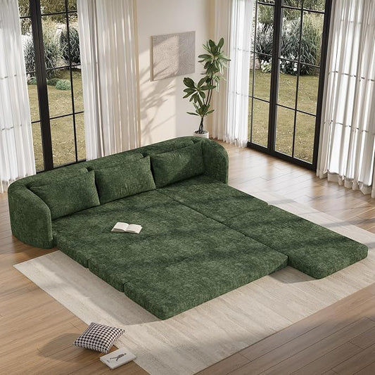 Vesgantti 6 in 1 Convertible Folding Sleeper Sofa Bed, 110.2" Boneless Sectional Couch with Curved Armrest, Chenille Modular Sofa for Living Room, No Assembly Required, Green, Right Facing Chaise