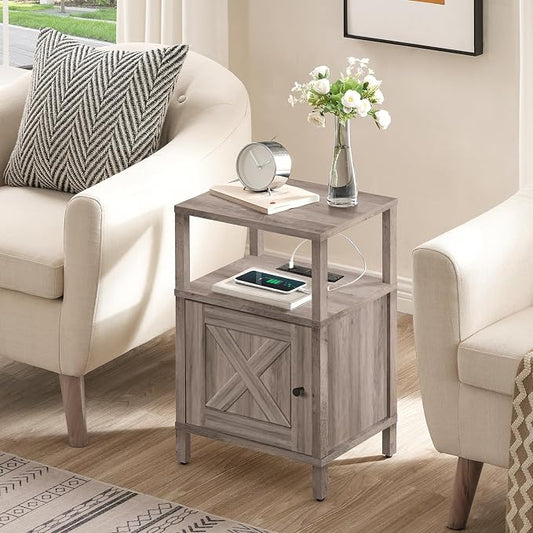 MAHANCRIS Farmhouse Nightstand with Charging Station, Greige Bedside Table with USB & Type-C Ports, End Table with Storage Cabinet and Open Shelf, Modern Side Table for Bedroom, Grey ETGY96E01