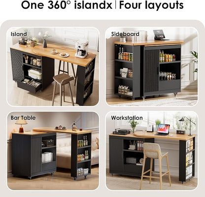66'' Rolling Kitchen Island with 360° Swivel Tabletop Mobile Kitchen Island with Power Outlet Rotating Kitchen Islands with Storage Cabinets Wood Kitchen Island Table for Kitchen, Bar, Dining Room