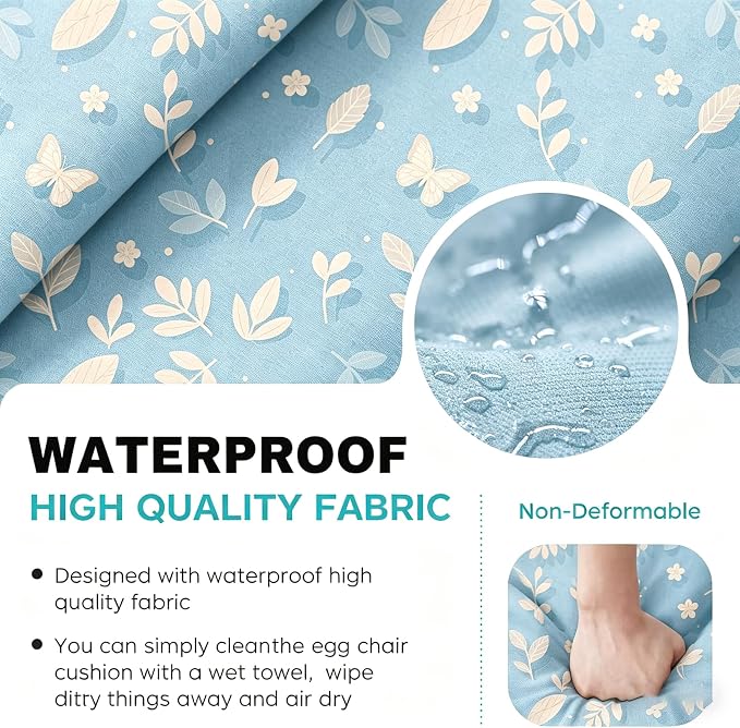 Egg Chair Cushion Replacement, Waterproof Thicken Hanging Egg Swing Chair Cushion for Outdoor Furniture, Wicker Rattan Hammock Basket Cushion with Headrest Pillow 47x31.5x4.7 inch(Blue Butterfly)