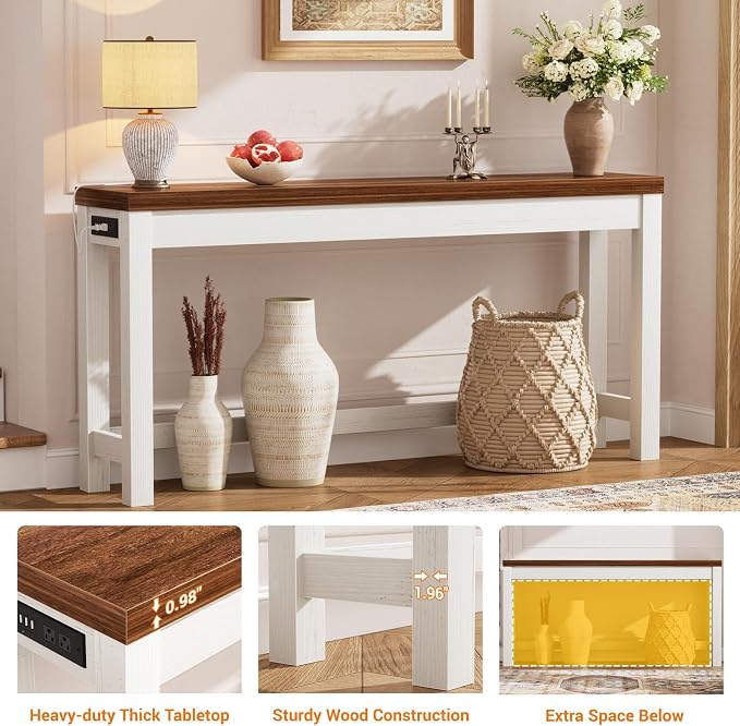 Cyclysio 63" Console Table with Charging Station, 13.8" Deep Farmhouse Sofa Table Behind Couch with 2 AC Outlets & 3 USB Ports, Long Entryway TV Console or Home Office Desk, Rustic Oak
