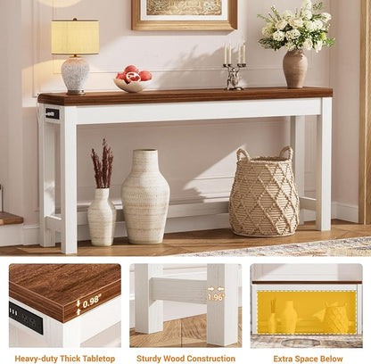 Cyclysio 63" Console Table with Charging Station, 13.8" Deep Farmhouse Sofa Table Behind Couch with 2 AC Outlets & 3 USB Ports, Long Entryway TV Console or Home Office Desk, Rustic Oak