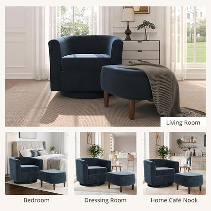 Swivel Accent Chair with Storage Ottoman, Modern Velvet Barrel Chair, Upholstered Armchair with Footrest for Living Room/Reading/Bedroom, 25.4'' D x 28.35'' W x 24.4'' H, Blue