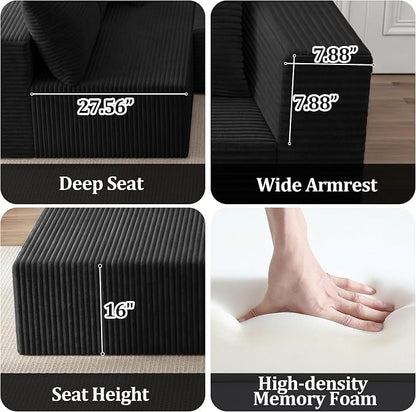 118" Modular Sectional Sofa with Chaise and Ottoman, Oversized U-Shaped Corduroy Cloud Couch, Deep Seat Boneless Couch for Living Room, No-Assembly - Black (Right Facing Chaise)
