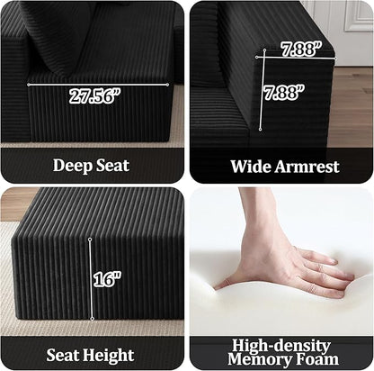 92.5" Modular Sectional Sofa, L-Shaped Cloud Couch with Deep Seats and Chaise, Upholstered Corduroy Boneless Couch for Living Room Small Space, No Need Assembly - Black(Left Facing Chaise)