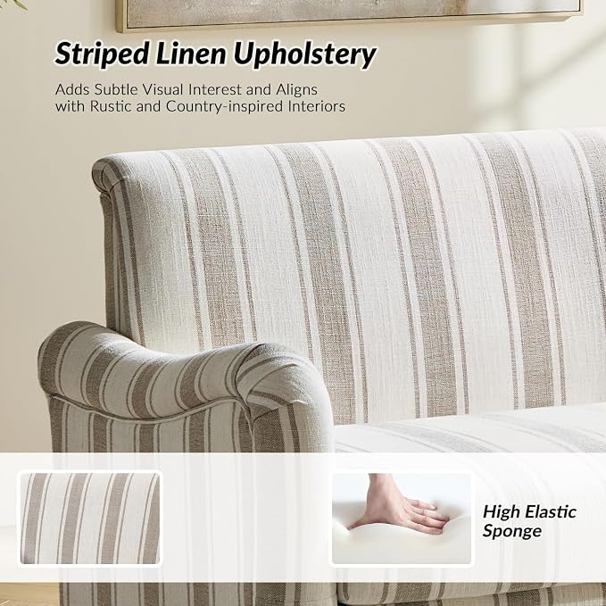 HULALA HOME 50.5" Loveseat Sofa with Stripe Pattern, 2 Seater Farmhouse Sofa with Rolled Wide Armrests and Rubber Wood Legs, Comfy Upholstered Small Couch for Living Room Bedroom, Tan