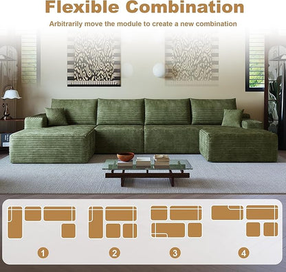136" Sectional Couches for Living Room Modern Modular Sofa with L-Shape Couchs Upholstered Boneless Couch Deep Seat Sectional Couch with Chaise (Green, 136"Right facing chaise+3Seaters+Ottoman)