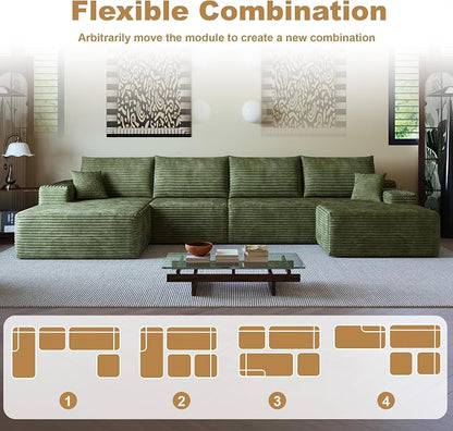 AUGOP 136" Sectional Couches for Living Room Modern Modular Sofa with L-Shape Couchs Upholstered Boneless Couch Deep Seat Sectional Couch with Chaise (Green, Left Facing Chaise+3Seaters+Ottoman)