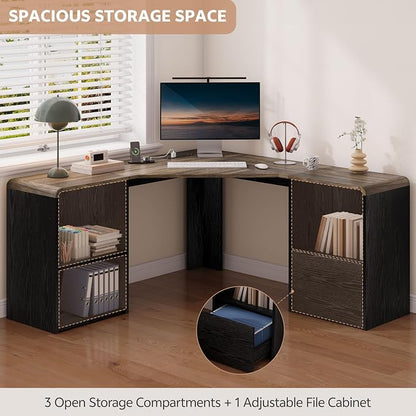 L Shaped Desk with Power Outlets & USB C Port, 59'' Reversible L-Shaped Computer Desk with File Drawer for Letter/Legal Size, Corner Office Desk with Storage Shelves, Rounded Corners, Black