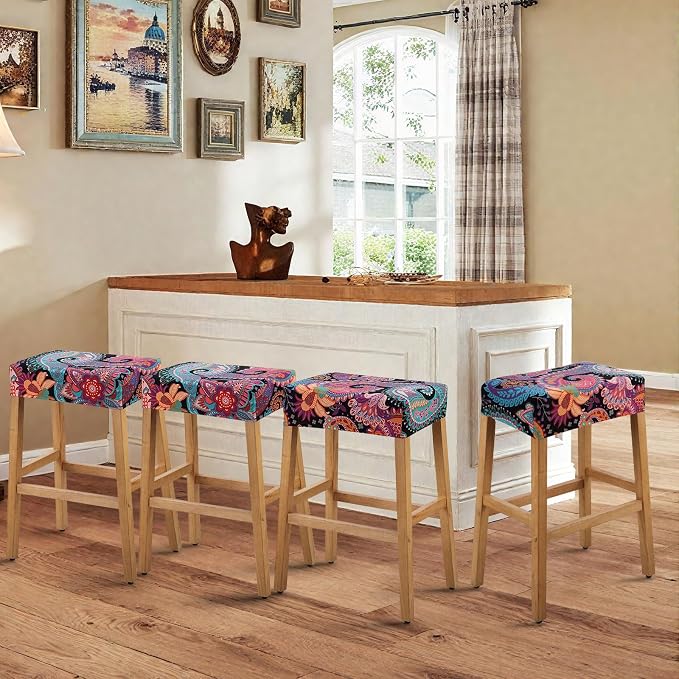 YISUN Stool Covers Rectangle - 4 Pack Stretch Waterproof Saddle Seat Cover Counter Bar Stools Bar Chairs Covers Kitchen Island Chairs Cushion Protector (4, F-Purple Green)