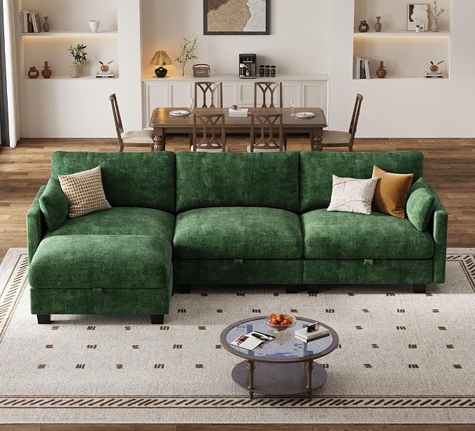 Modular Sectional L Shaped Sofa Couches for Living Room, Cloud Couch with Storage Ottoman, Comfy Chenille Sofa with Pillow, Green
