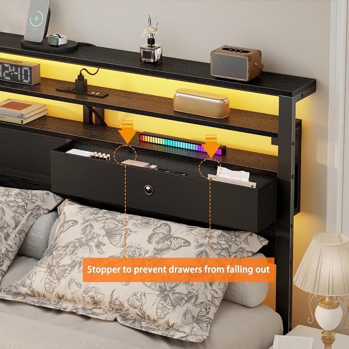 Furnulem Queen Bed Frame with Headboard & 2 Fabric Drawers, Queen Platform Bed Featuring LED Lights, 3-Tier Storage Shelves Built-in Charging Station, Metal Slats, No Box Spring Needed, Easy Assembly