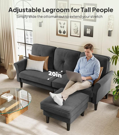 Welzona Sofas for Living Room, 83" Velvet Sectional Couch with Moveable Ottoman, Midcentury Modern Small Sectional Couch, L Shape Sofa & 2 Seater, Couches for Living Room, Apartment, Bedroom, Grey