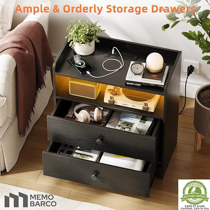 Memobarco 2 Pack Nightstand with Charging Station and LED Light, Modern Nightstand with USB Ports and Outlets, Wooden Bedside Table with 2 Storage Drawers, Small Dresser for Bedroom Small Space, Black