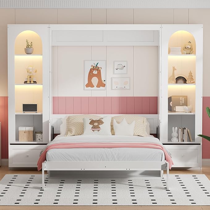PVWIIK Queen Size Murphy Bed with Storage Drawers & Desk for Save Space & Small Space,Bedroom,Guest Room,Wall Bed Frame Folding into Cabinet Design w/LED & Storage Shelf,White