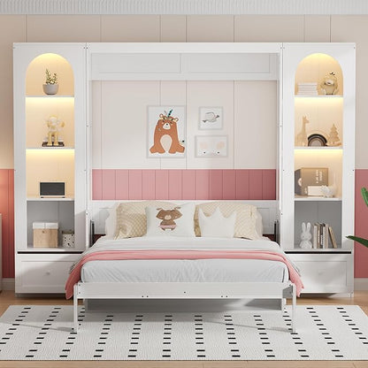 PVWIIK Queen Size Murphy Bed with Storage Drawers & Desk for Save Space & Small Space,Bedroom,Guest Room,Wall Bed Frame Folding into Cabinet Design w/LED & Storage Shelf,White