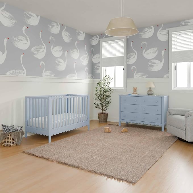 Davinci Sammy Scallop 4-in-1 Convertible Baby Crib, Powder Blue | GREENGUARD Gold Certified, Converts to Toddler Bed & Daybed & Full-Size Bed, 4 Adjustable Mattress Heights - Easy to Assemble