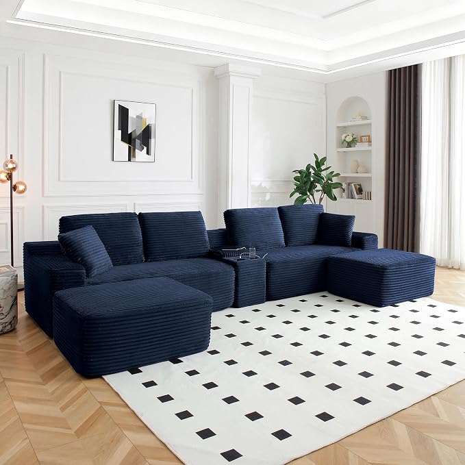 ivoros 150 Inch Modular Sectional Sofa Couch, Oversized Modern Cloud Couch for Living Room, U Shape Couches with 2 Ottomans, USB Ports and Cup Holders, Blue Corduroy Boneless Sofas,Sofa in a Box