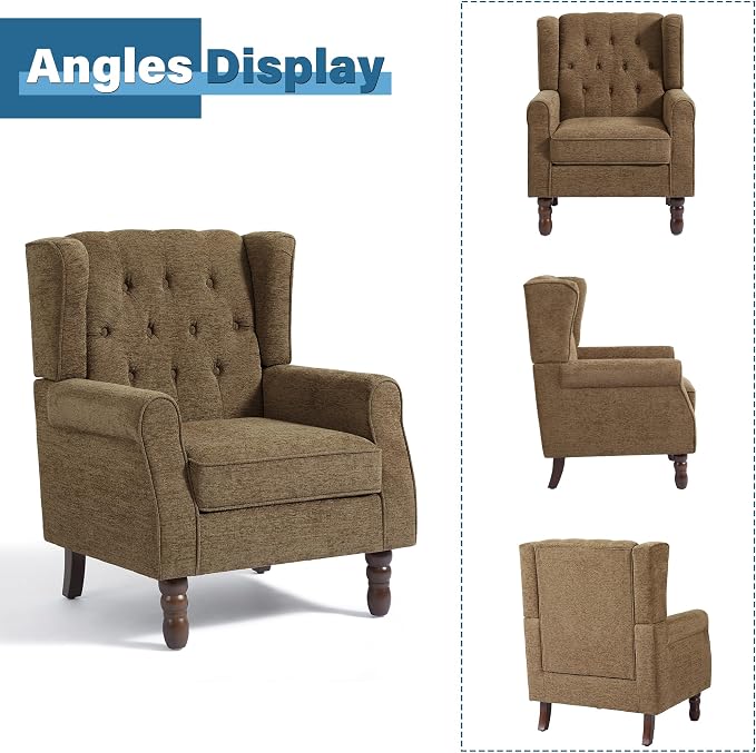 Wingback Accent Chair, High Back Arm Chair for Living Room, Button-Tufted Upholstered Fabric Armchair with Solid Wood Legs, Comfy Single Sofa Reading Chair for Bedroom, Brown