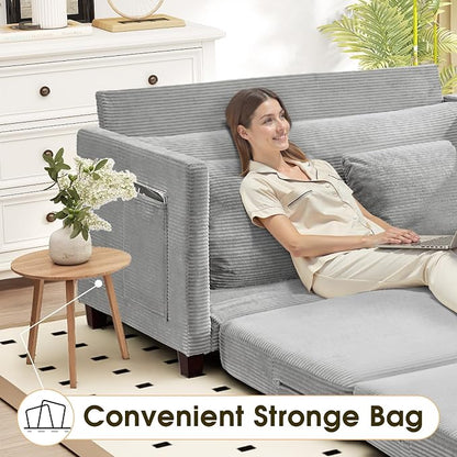 65" Convertible Loveseat Sofa Bed, 2-in-1 Folding Sofa Bed with 2 Pillow for Small Spaces, Modern Loveseat Sleeper Couch for Apartment, Living Room & Guest Room (Corduroy Light Grey, 65 inch)