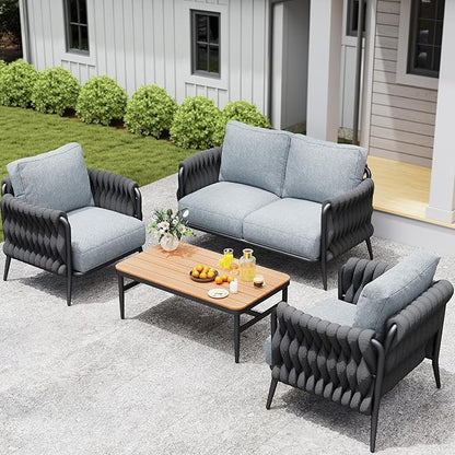 Jocoevol Outdoor Patio Sofa Set 5-Piece, Outdoor 4-Seat Couch Set with Coffee Table, Waterproof Thick Cushion Patio Conversation Set, All Weather Outdoor Furniture for Deck, Lawn, Balcony