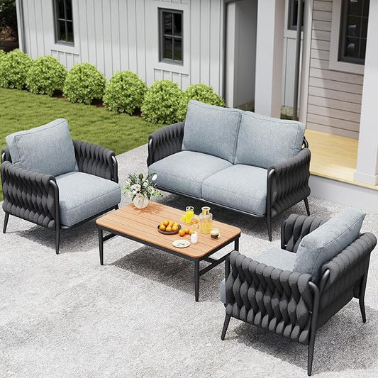 Jocoevol Outdoor Patio Sofa Set 5-Piece, Outdoor 4-Seat Couch Set with Coffee Table, Waterproof Thick Cushion Patio Conversation Set, All Weather Outdoor Furniture for Deck, Lawn, Balcony