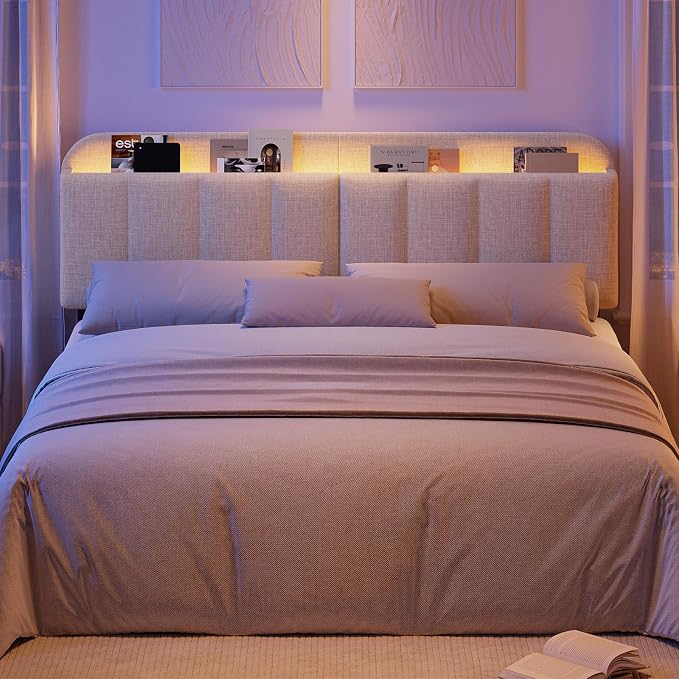 Headboard for King/California King Size Bed, Upholstered Bed HeadBoard with Storage, Linen Fabric Head Board with Vertical Channel Design, Height Adjustable, Easy to Assemble, Beige