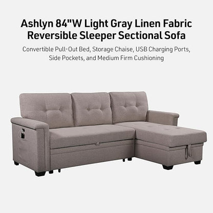 Lilola Home Convertible Sleeper Sofa Bed 84 Inch, L Shaped Sectional Couch with Pull Out Bed, USB Charging Ports, Storage Chaise for Living Room, Office, Linen Fabric, Light Gray
