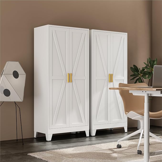 Metal Wardrobe Closet with Doors and Shelves, 71" Farmhouse Bedroom Armoire with Hanger Rod and Clothing Shelf, White Closet Cabinet for Hanging Clothes for Laundry Room Garage Dormitory