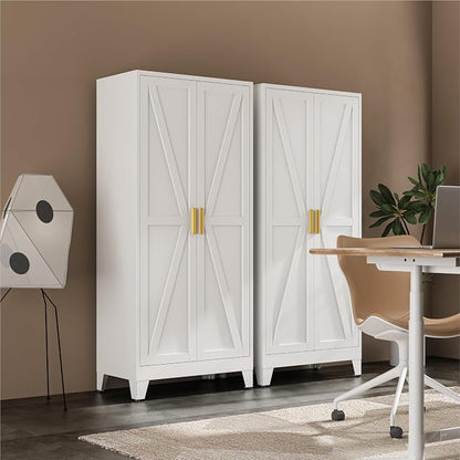 Metal Wardrobe Closet with Doors and Shelves, 71" Farmhouse Bedroom Armoire with Hanger Rod and Clothing Shelf, White Closet Cabinet for Hanging Clothes for Laundry Room Garage Dormitory