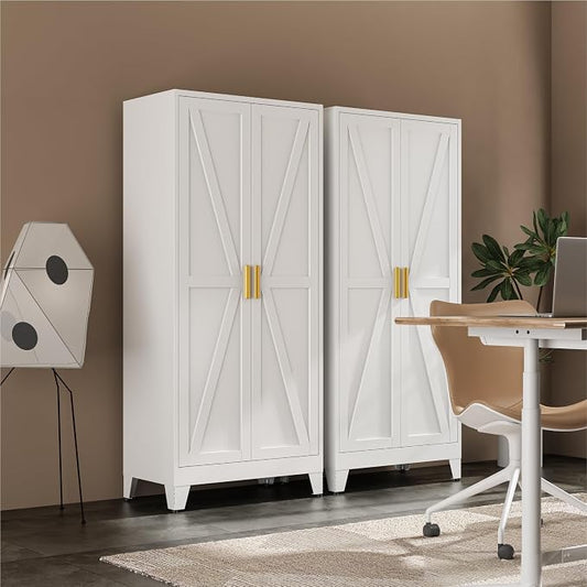Metal Wardrobe Closet with Doors and Shelves, 71" Farmhouse Bedroom Armoire with Hanger Rod and Clothing Shelf, White Closet Cabinet for Hanging Clothes for Laundry Room Garage Dormitory